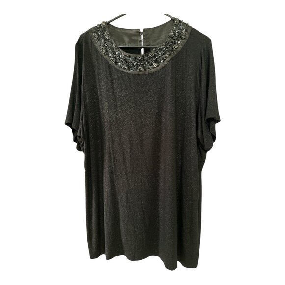 INC International Concepts Woman 2X Black Beaded Collar Top – Sparkle Knit, Shor - Picture 1 of 6